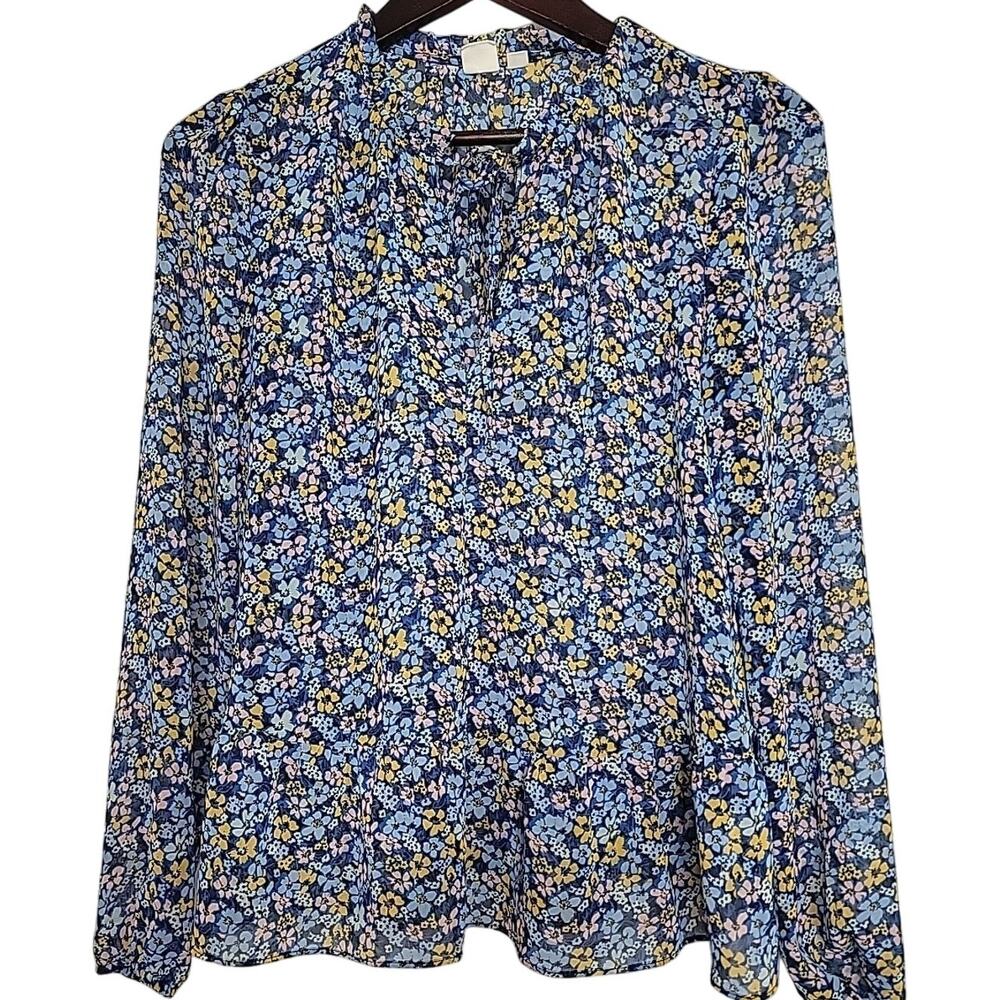 GAP Women's Small Sheer Floral Blouse Blue Yellow Lightweight Long Sleeve EUC